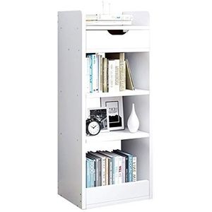 Staande boekenkast 4-tier open plank boekenkast hout opberg plank met 1 witte lade, l 13.0in × D 9.4in × H 35.1in Desktop boekenkast(B)