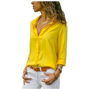Damesshirt met lange mouwen en diepe V-knopen van chiffon (Kleur : Yellow, Size : 8XL)