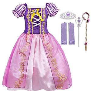 Kostuum Meisjes Rapunzel Prinsessenjurk en Accessoires 3-11 Jaar (130, Dress Set A)