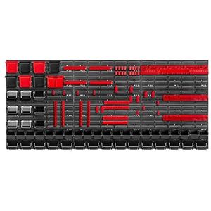 KADAX Gereedschapswandrek, groot, 174 x 78 cm, opslagsysteem van robuuste kunststof, uv-bestendig modulesysteem, uitbreidbare wandplaten, werkplaatsrek voor garage (rood en zwart, 100 stuks)