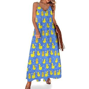 Rubberen gele eenden dames zomer maxi-jurk V-hals mouwloze spaghettiband lange jurk