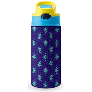 Weed Leaves, Psy Art 350 ml waterfles met rietje koffiebeker waterfles roestvrijstalen reismok voor vrouwen mannen blauwe stijl