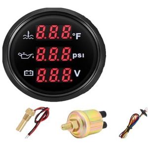 3 IN 1 met alarm Rode LED Digitale 52mm Oliedrukmeter/Watertemperatuurmeter/Voltmeter + Sensor for Auto 12V24V voor brandstoftankniveaubewaking(B)