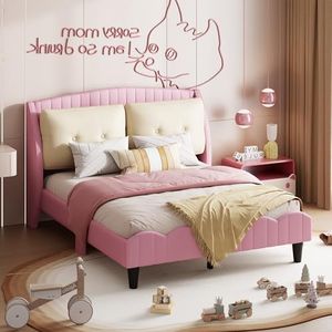 Aunvla Kinderbed, gestoffeerd bed, 140 x 200 cm, met lattenbodem, rugleuning en twee grote kussens, tweepersoonsbed van PU-leer, geschikt voor volwassenen en jongeren, roze