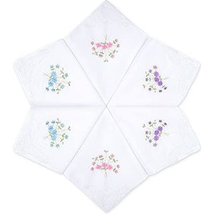 LULUSILK 6 stuks stoffen zakdoeken voor dames, 100% katoen, met bloemenborduursels en kanten vlinderrand