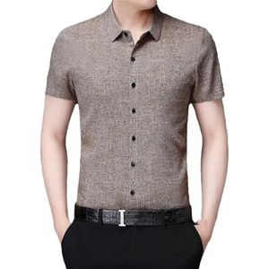 Mannen Zomer Casual Losse Korte Mouw Solid Shirts Mannen Vintage Mode Turn-Down Kraag Knop Slanke Shirts Tops, Kaki, XS