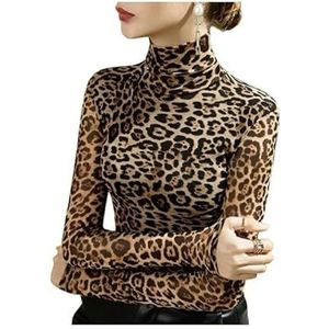 Leopard Shirt Women Leopard Thickening Warm Shirt Mock Neck Bottoming Tops Women Elegant Office Long Sleeved T-Shirt-Black Thin-Xxl