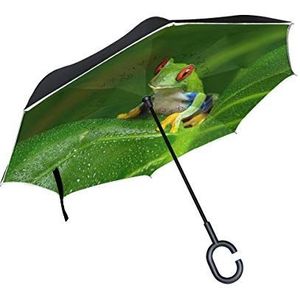 RXYY Winddicht Dubbellaags Vouwen Omgekeerde Paraplu Groene Boom Dier Kikker Palmblad Waterdichte Reverse Paraplu voor Regenbescherming Auto Reizen Outdoor Mannen Vrouwen
