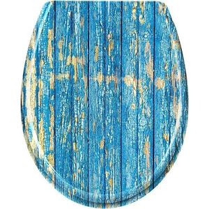 VANCHEMO Wc-bril met softclosemechanisme en softclose, antibacterieel toiletdeksel, universele maat, ovale wc-deksel, Quick-Release-functie, eenvoudige bevestiging, blauwe houten plaat