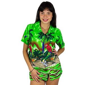 V.H.O. Funky Hawaïblouse voor dames, korte mouwen, zak aan de voorkant, Hawaii-print, papegaai, strand, palmen, groen, XL
