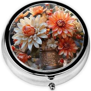 Pillendoosje met spiegel, retro pillendoosje met 3 vakken, oranje bloemen, kleine pillenorganizer voor portemonnee of zak, decoratieve metalen medicijnen, vitamine-organizer, unieke geschenken