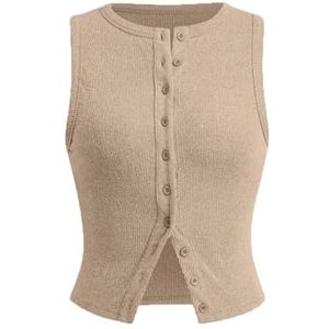 Vrouwen gehaakte dikke gebreide top mouwloze button down crop tops trendy vest trui vest for vrouwen(Khaki B,Medium)