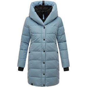 Navahoo Winterjas voor dames, warme gewatteerde jas, lang, met capuchon en afneembare fleece kraag, knoopsluiting, XS-XXL, powder blue, L