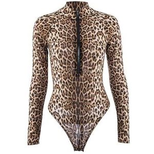 TTPSRY Body dames rolkraag bodysuit lange mouwen zacht stretch tops luipaard print slim fit sexy V-hals ritssluiting voorkant luipaard jumpsuit perfecte kleding voor casual partywear, Meerkleurig, L