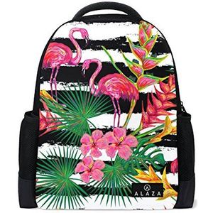 Mijn dagelijkse Tropische Flamingo Palm Bladeren Bloemen Streep Rugzak 14 Inch Laptop Daypack Bookbag voor Travel College School