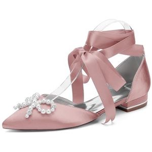 KYEGLO Gesloten Teen Satijnen Platte Schoenen Voor Dames, Strass Steentjes Slip-On Sandalen, Puntige Teen Bruidsschoenen Met Parelstrik Voor Dagelijks Gebruik, Feestjes En Bruiloften,Roze,36