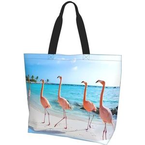 MYGANN Roze Flamingo Op Strand Vrouwen Grote Capaciteit Schouder Waterdichte Boodschappentas Voor Dagelijkse Reizen Gift Bag, Zwart, Eén maat