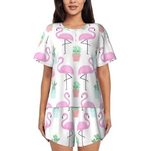 YQxwJL Tropische Flamingo Leuke Cactus Print Vrouwen Pyjama Sets Shorts Korte Mouw Lounge Sets Nachtkleding Casual Pjs Met Zakken, Zwart, XL
