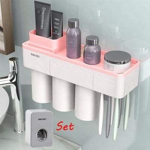 1Set Creative Magnetische Adsorptie Tandenborstelhouder Wall Mount Badkamer Cleanser Storage Rack badkamer accessoires Set (Color : Pink 3set)