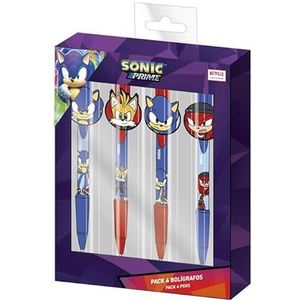 Sonic Balpen, verpakking met 4 balpennen, incl. 2 blauwe en 2 paarse bolli's, met broche van de personages, 60% kunststof en 40% rubber, origineel design in Spanje