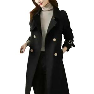 Dvbfufv Dames effen kleur dubbele rij knopen middellange trenchcoat dames elegante kantoor basic windjacks jas, Zwart, XS