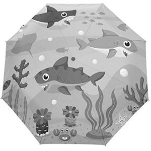 Grijze baby haaien oceaan automatische opvouwbare paraplu UV-bescherming Auto Open Sluiten Opvouwbare Zonwerende Paraplu's voor Reizen Vrouwen Jongens Meisjes