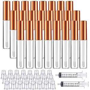 24 stuks 10 ml transparante lipgloss buizen met borstelpunt navulbare lipglazuur container lippenbalsem fles en 2 stuks 10 ml plastic spuit voor doe-het-zelf make-up, Roségoud, 50 Piece Set