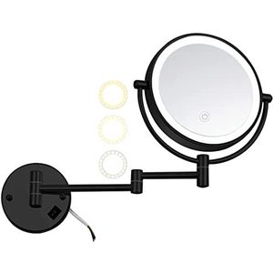 8 inch aan de muur gemonteerde make-up make-upspiegel met 3 kleuren dimbaar, zwarte dubbelzijdige draaibare vergrotende LED-cosmetische spiegel, ronde scheerspiegel in de badkamer,Hard wired,7X