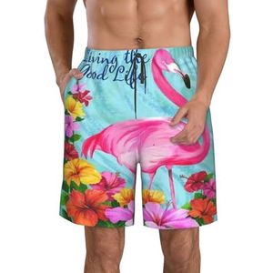JIAWUJYNB Flamingo bloemenprint strandshorts voor heren, lichtgewicht, sneldrogend, zwembroek met trekkoord en zakken, Wit, L