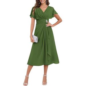 KIYNE Dames thee lengte moeder van de bruid jurken met mouwen ruches chiffon formele jurk avondjurk, Olijfgroen, 32