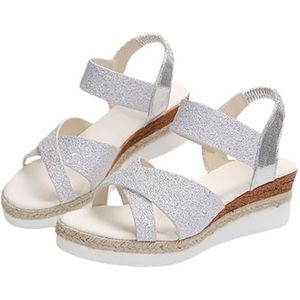 Dames Retro Sandalen Met Espadrille Sleehak 2024 Nieuwe Mode Platform Sandalen Zomer Peep Toe Avondschoenen Elegant PU-leer Hoge Hakken Vrijetijdsstrandsandalen (Color : Silver, Size : 43 EU)