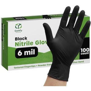[100 Count] Zwarte Nitrile Wegwerphandschoenen 6 mil. Extra sterke latex & poedervrij, chemische bestendigheid, gestructureerde vingertoppen handschoenen - S