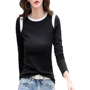 Vrouwen Lange Mouw T-shirt Vrouwen Lente Herfst Mode Patchwork O-hals Slanke Basic Casual Dieptepunt Shirt, Zwart, S