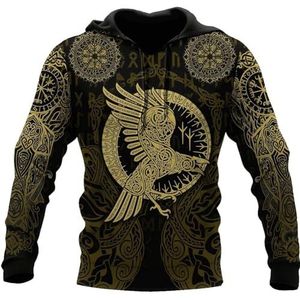 Unisex Viking Odin Raven Hoodie, 3D-geprinte Nieuwigheid Harajuku Herfst en Winter Casual Pullover Sweatshirt, Noordse Middeleeuwse Pagan Lange Mouw Zip Jacket (Color : Pullover Hoodie, Size : XL)