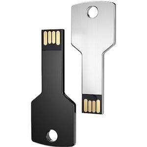 Uflatek 64 GB USB-stick, sleutelvorm, geheugenstick, USB 2.0, flashdrive, 2 stuks, zwart, zilver, metaal, waterdicht, geheugenstick, sleutel, gegevensopslag, cadeau voor cadeau