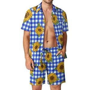 Heldere Zonnebloemen op Blauwe Plaid Hawaiiaanse Bijpassende Set 2-delige Outfits Button Down Shirts En Shorts Voor Strandvakantie