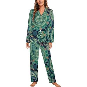 Groene paisley vrouwen lange mouw button down nachtkleding zachte nachtkleding lounge pyjama set XL