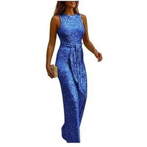 KWTF Jumpsuit Vrouwen Zomer Mode Glitter Ronde Hals Mouwloos Sexy Backless Pailletten Skinny Lange Party Jumpsuit met Riem