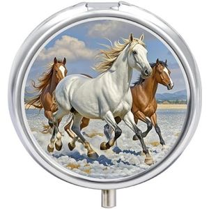 Paarden Running Art Pil Organizer Leuke Pillendoos Decoratieve Metalen Pil Case Draagbare Vitamine Organizer Reizen Geneeskunde Houder Mini Pil Opslag Container voor Portemonnee