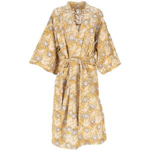 GURU SHOP Kimono in Japanse stijl, handbedrukte unisex oversized katoenen kimono jas, kimono jurk, dames, zwart, katoen, maat: 40, honing, 40