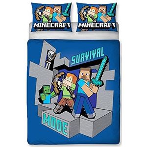 Minecraft Survive Dekbedovertrek Officieel gelicenseerd | Omkeerbaar 2-zijdig Survive Design met bijpassende kussensloop, polykatoen, blauw (Tweepersoons)