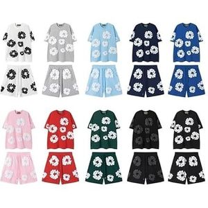 Y2K Denim Tears Trainingspak Set Bloemenpatroon T-shirt en Shorts Casual Losse Fit Sweatshirt Vintage Kapok Bedrukt Hip Hop Ademend Huidvriendelijk(The color blue,L)