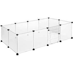 XMTECH Vrijloopren voor konijnen, hok voor kleine dieren, van kunststof, konijnenhok voor kleine dieren, konijnenhok voor hazen, hamsters, konijnen, wit, transparant, plaat met deur, 145 x 75 x 48 cm