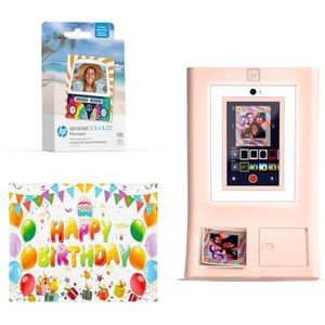 HP Sprocket Fotohokje Instant kleurenfotoprinter (Roze) + Zinkpapier (100 vellen) + Verjaardagsfotoachtergrond (1)