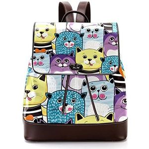Blauwe paarse gele cartoon kat patroon gepersonaliseerde schooltassen boekentassen voor tiener, Meerkleurig, 27x12.3x32cm, Rugzak Rugzakken