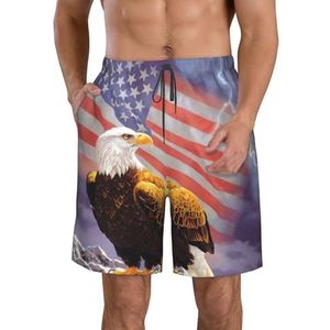 Eagle met Amerikaanse vlag print strandshorts voor heren, zomervakantie, strandshorts, casual, lichtgewicht trekkoord, Wit, S