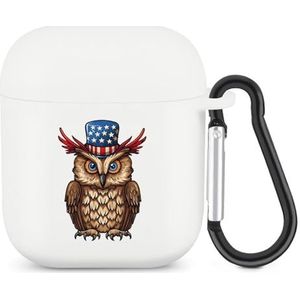 Uil met Amerikaanse vlag hoed schattig hoesje voor AirPods 2 & 1 schokbestendige beschermende hoofdtelefoon hoesjes cover met sleutelhanger voor mannen vrouwen