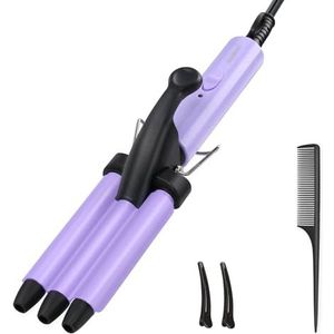 janelove Mini-krultang, 13 mm, met 3 stangen, voor kort haar, 200 °C, keramiek, strandgolven, perfect voor op reis, paars