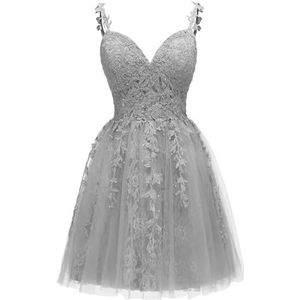 Spaghetti Bandjes Bruidsmeisjes Jurken voor Junioren Kant Applique Avond Cocktail Party Maxi Jurk Mini Lengte AH154, Zilver, 32