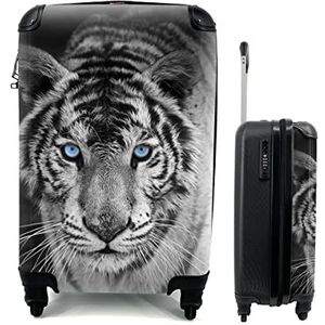 MuchoWow® Koffer - Dieren - Tijger - Zwart wit - Ogen - Blauw - Past binnen 55x40x20 cm en 55x35x25 cm - Handbagage - Trolley - Fotokoffer - Cabin Size - Print